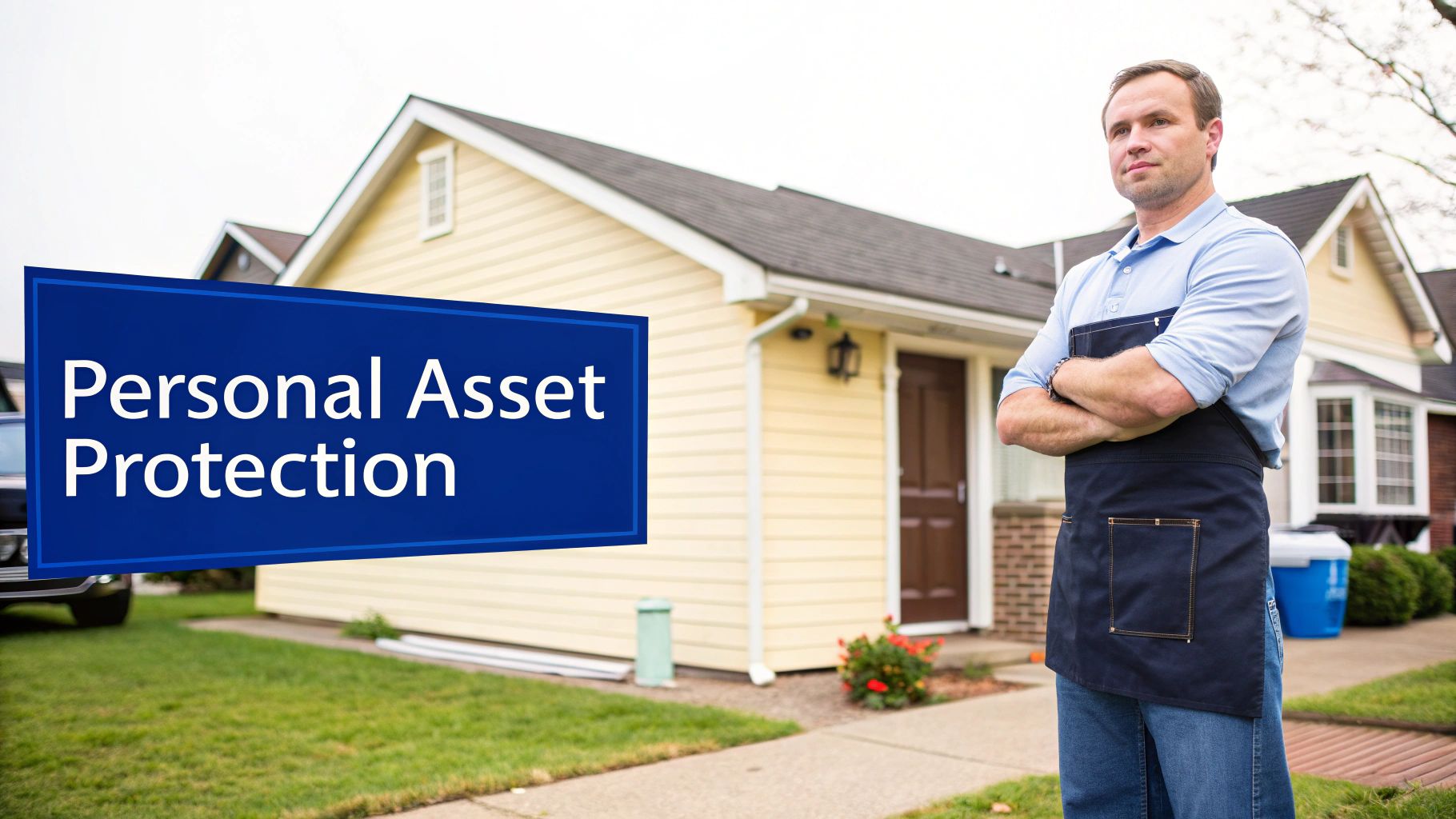 A man in a blue polo and apron stands in front of a house with a "Personal Asset Protection" sign.