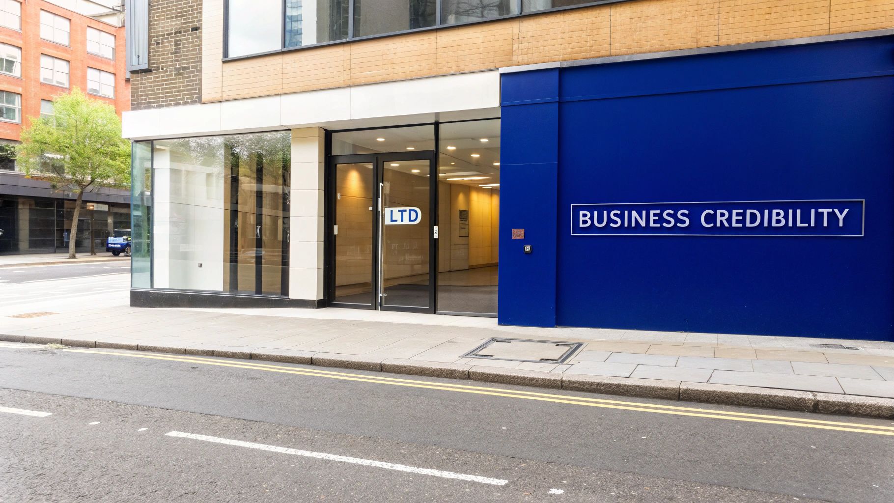 Modern building exterior featuring a glass entrance with 'LTD' sign and a blue wall with 'BUSINESS CREDIBILITY'.