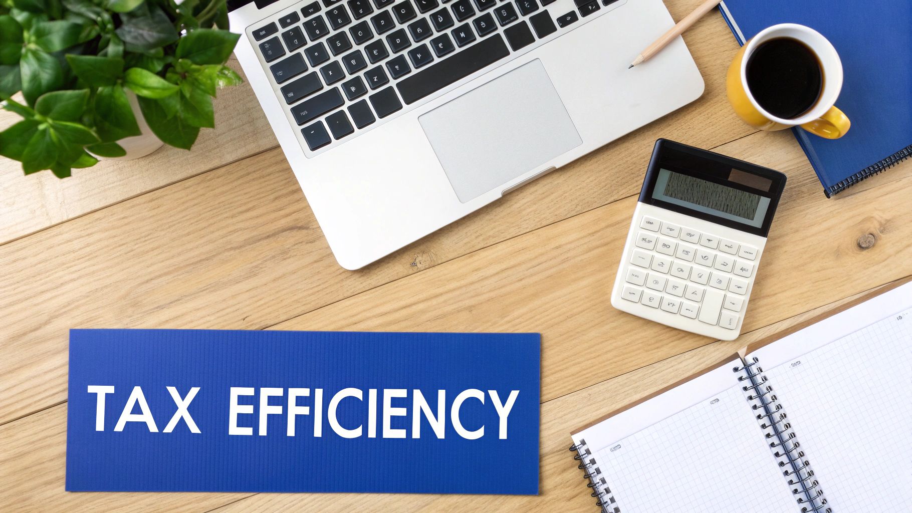 Overhead shot of a desk with laptop, calculator, coffee, and a card reading 'TAX EFFICIENCY'.