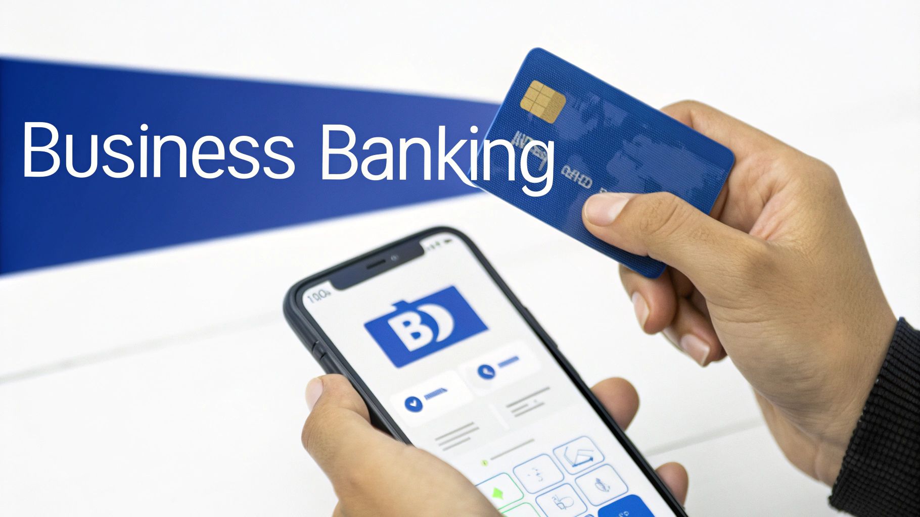 Hands holding a smartphone displaying a banking app and a blue credit card, for business banking.