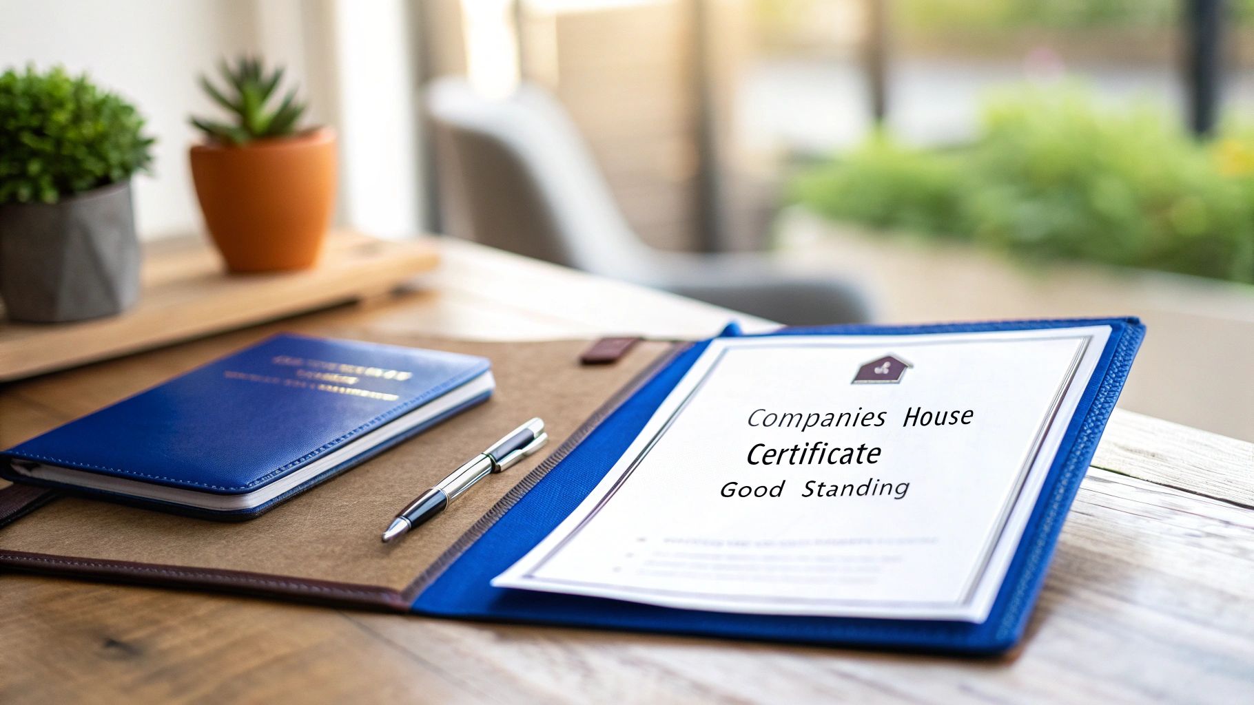 A Companies House Certificate of Good Standing, blue notebook, and pen on a wooden desk.