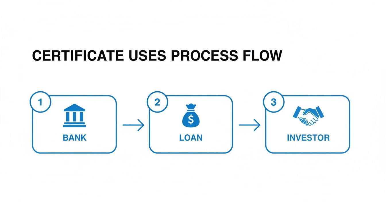 Flowchart illustrating the certificate uses process, detailing steps from Bank to Loan to Investor.