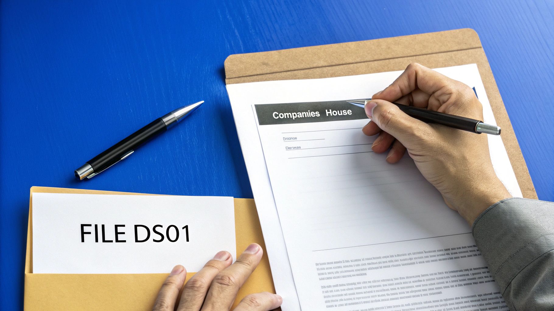 A close-up of a person's hands filling out an official government form with a pen.