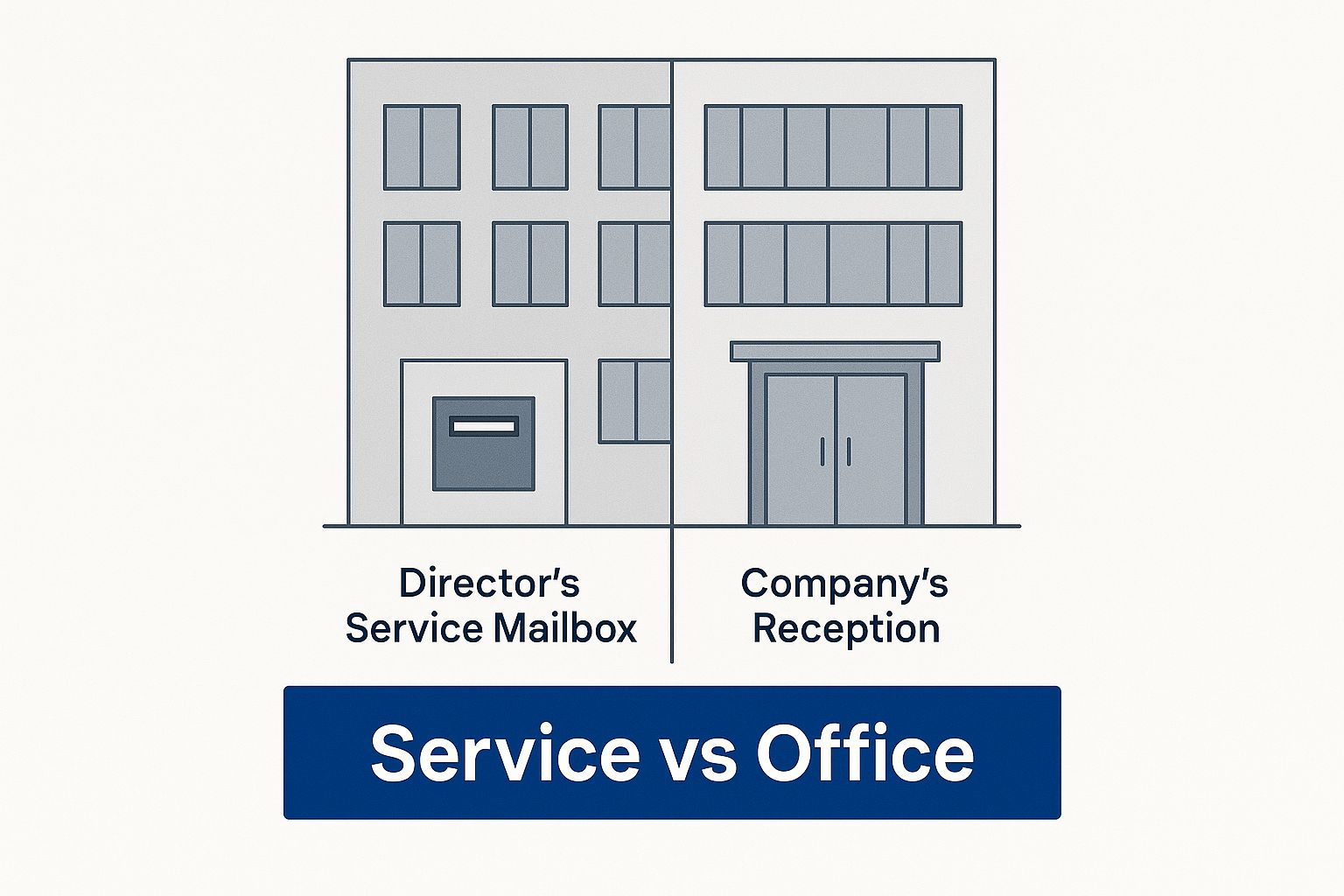 An infographic showing a corporate building split in two, with one side representing a director's service mailbox and the other a company's reception, with the text 'Service vs Office'.