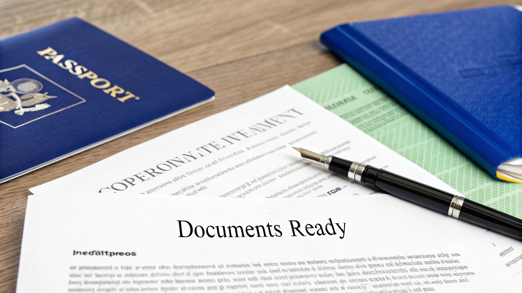 A person organising documents at a desk for a business bank account application.