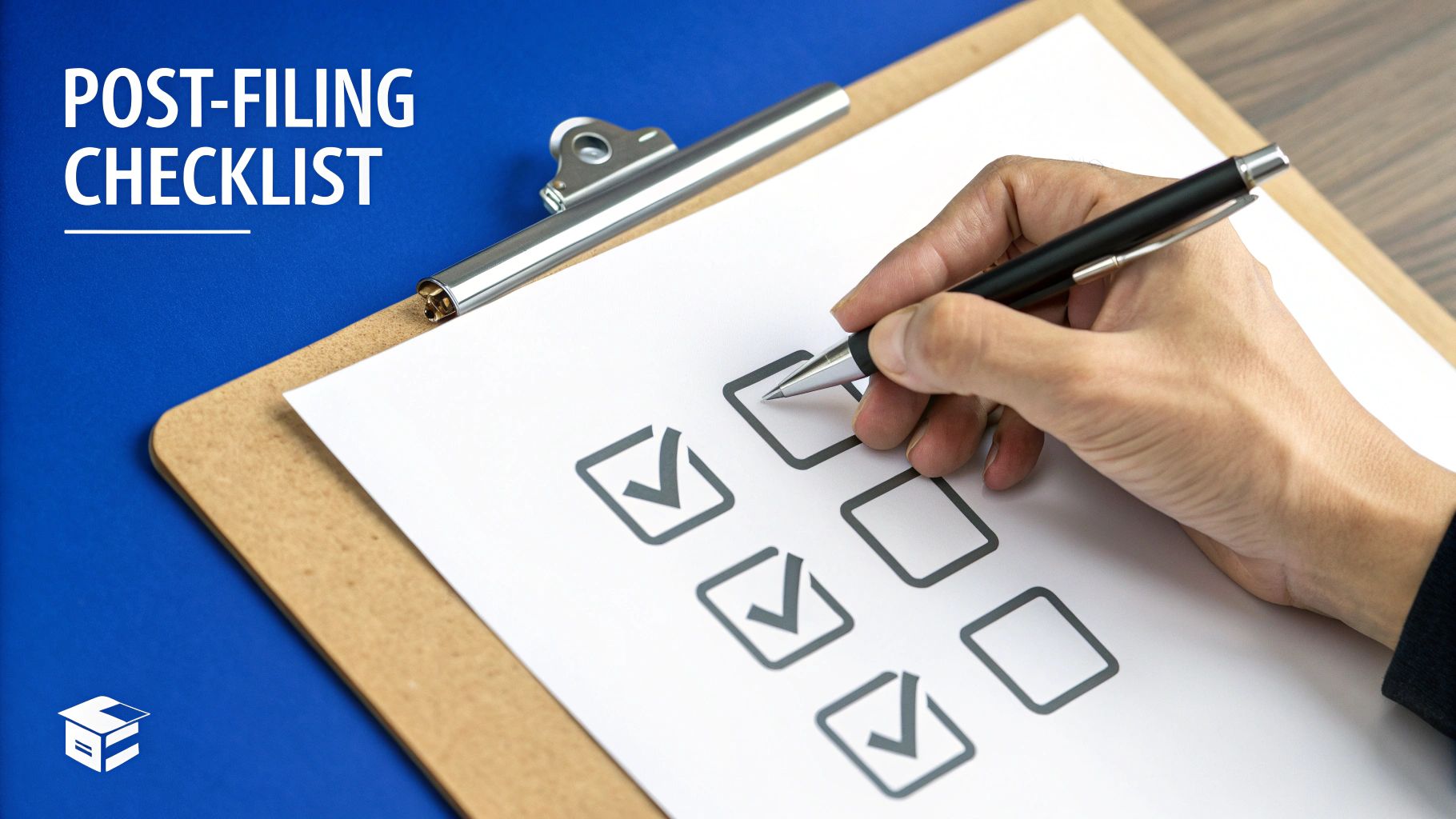 A person ticking off items on a digital checklist on a tablet, representing a post-filing to-do list for a business.