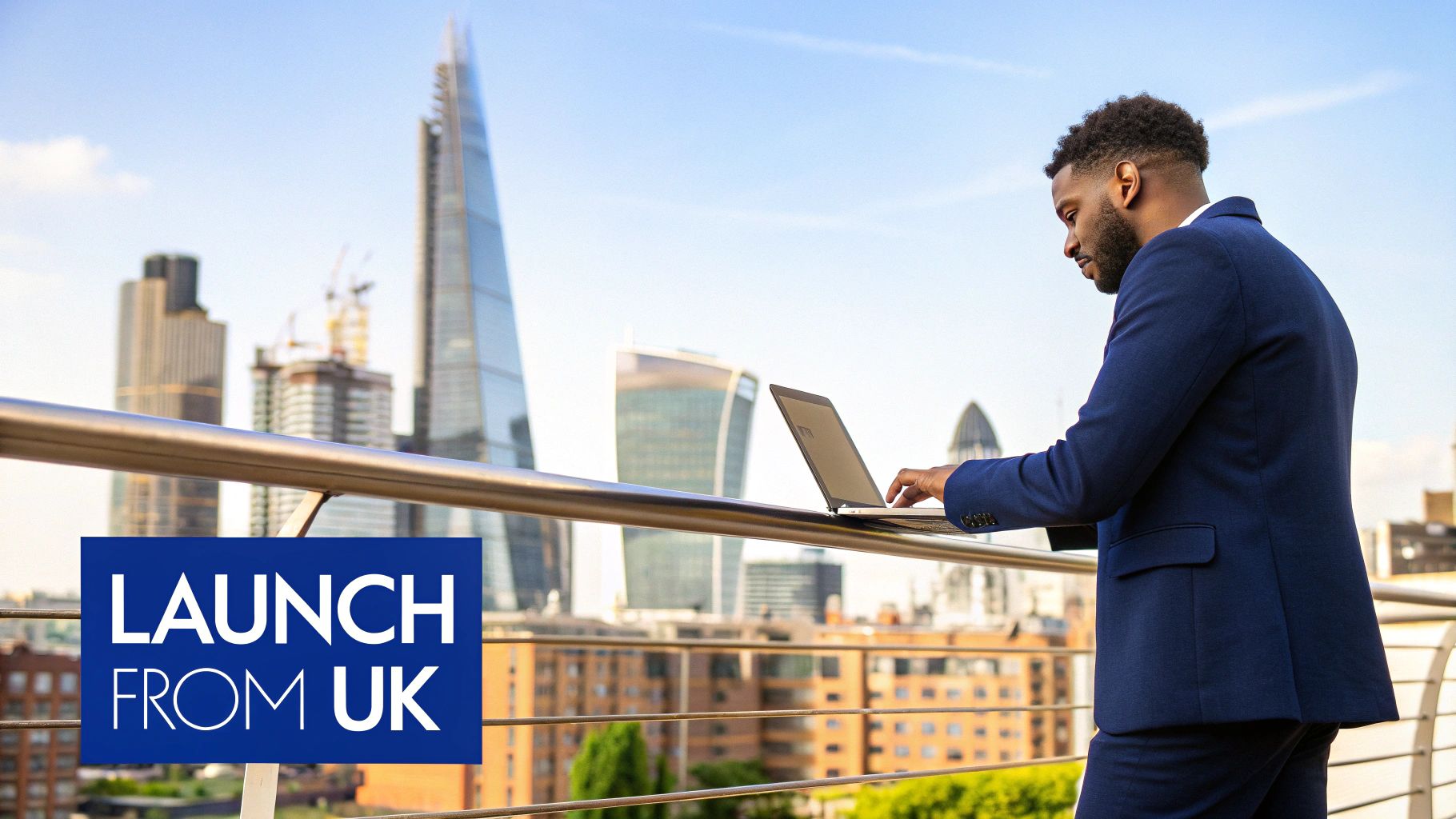 An aerial view of London's financial district, representing the UK's global business hub.