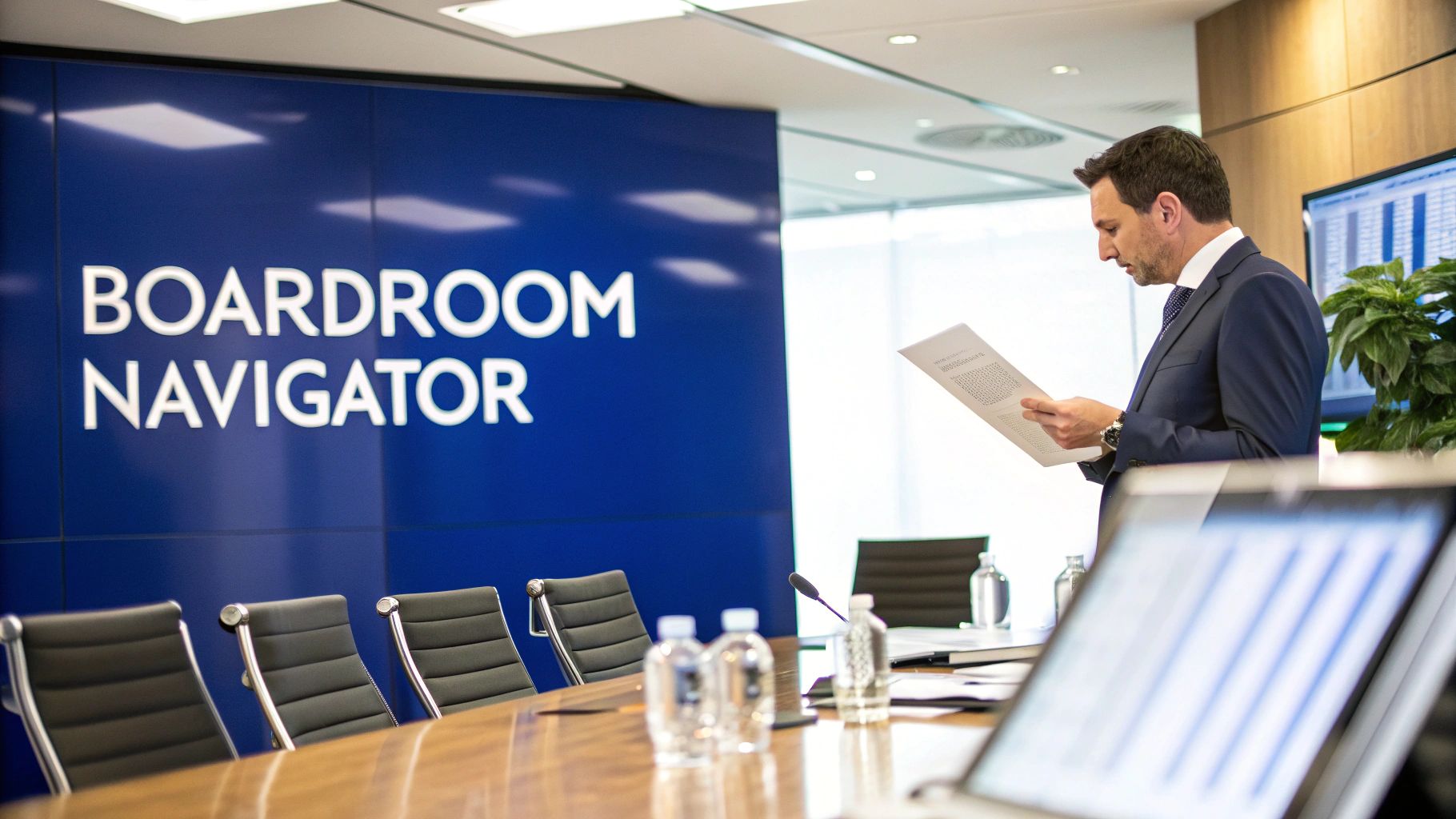 A modern company-secretary reviewing documents in a well-lit office.