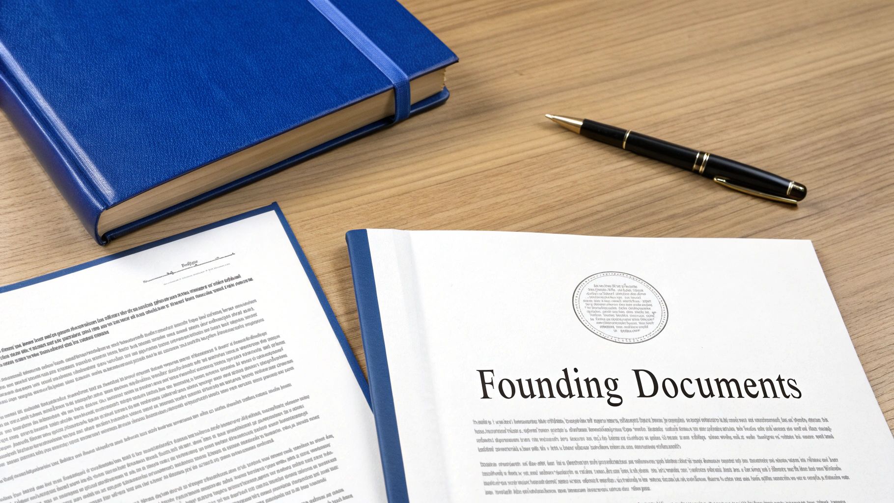A blue notebook, two documents including 'Founding Documents', and a pen on a wooden desk.