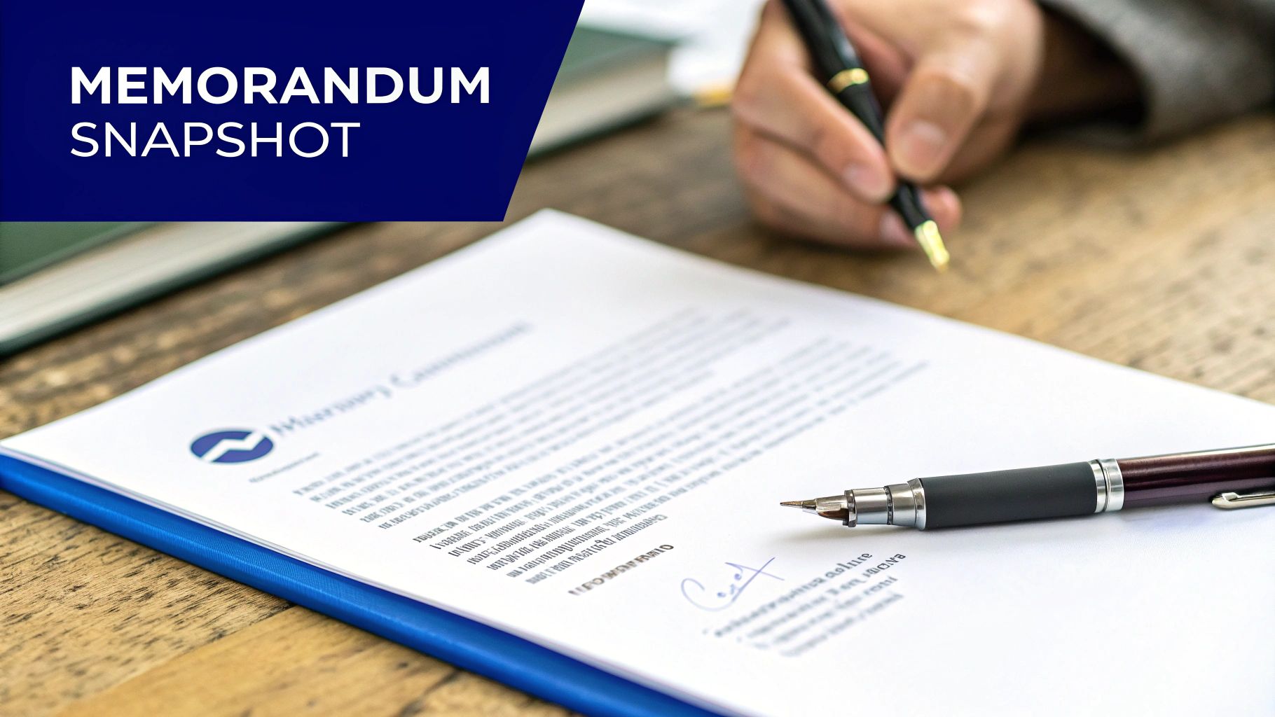 A person's hand signing a memorandum document with a pen, labeled 'MEMORANDUM SNAPSHOT'.