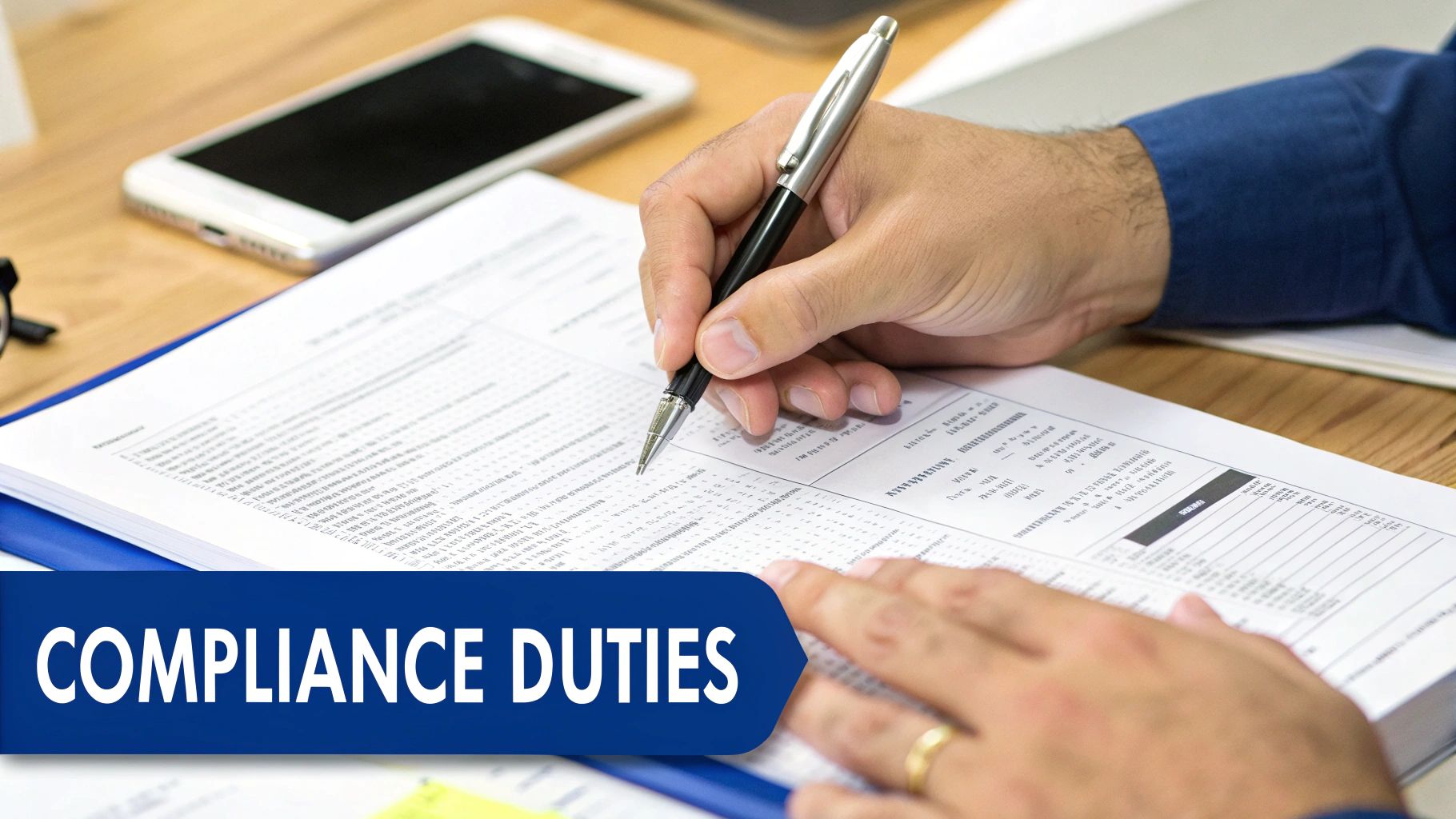 A person's hand writing with a pen on a document, with a phone and text 'Compliance Duties' on screen.