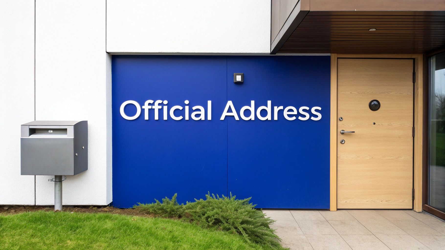 A modern, professional office building entrance with a clear address number.