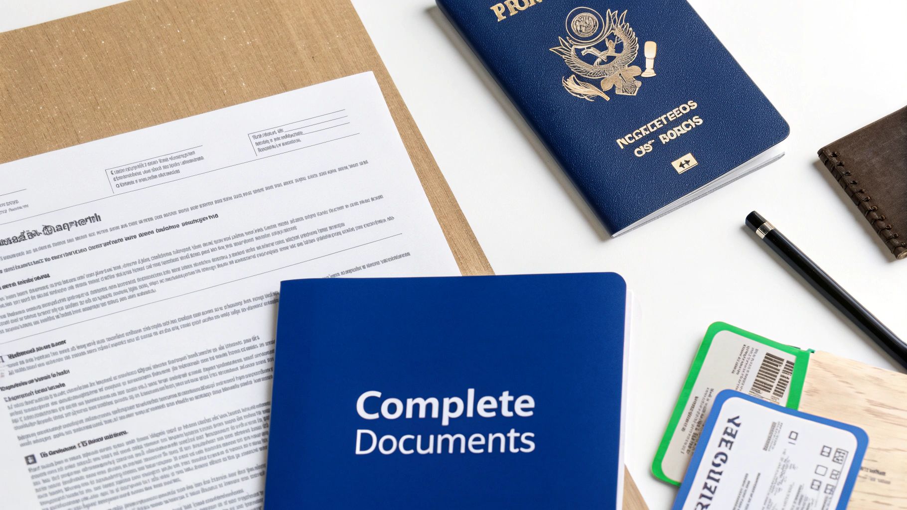 A close-up of a person organising official documents like passports and certificates on a desk.