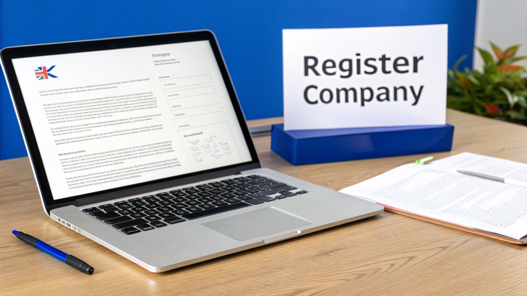 A person signing official company documents on a desk with a laptop and a globe nearby.