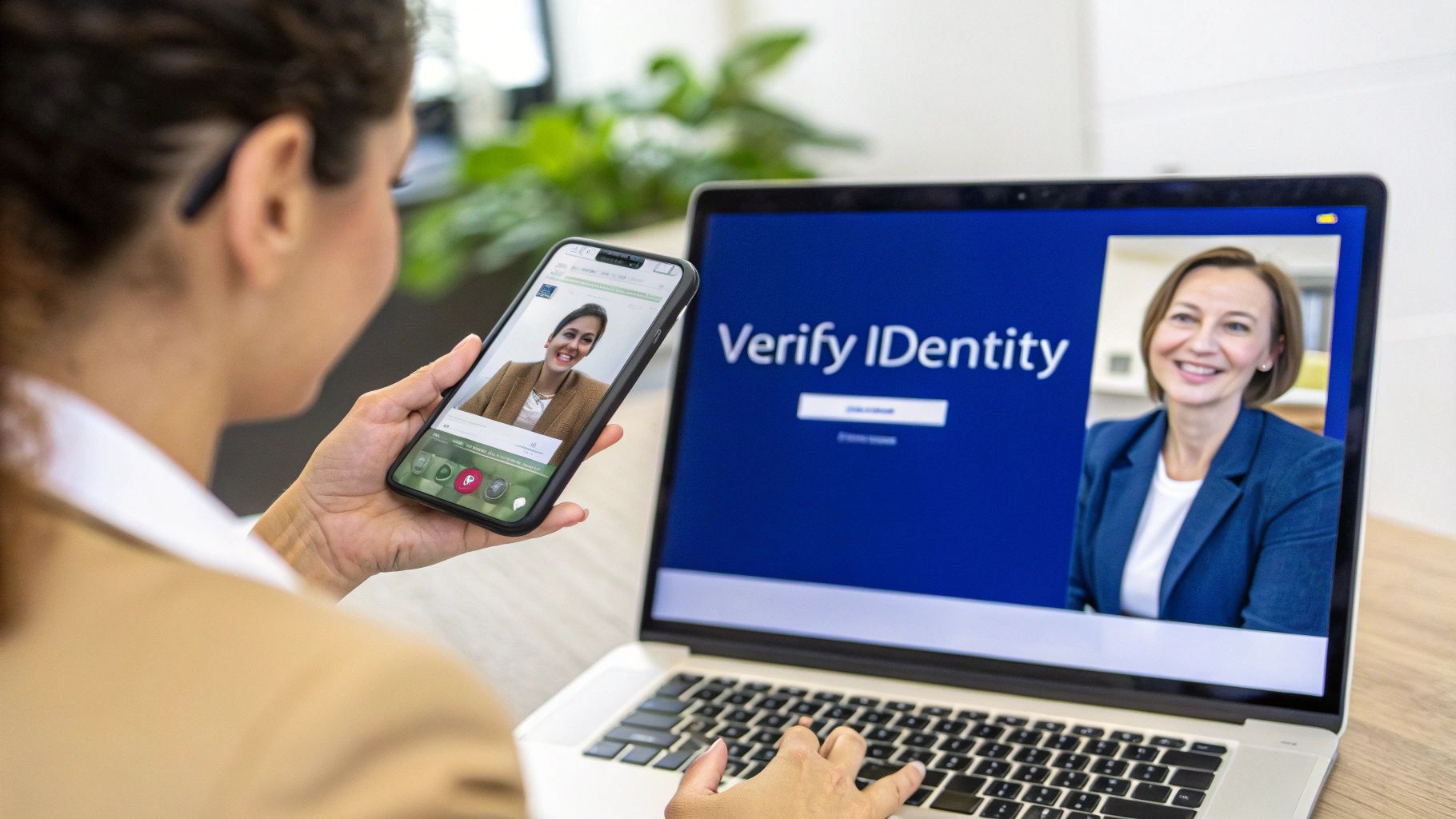 A person on a video call on their laptop, holding up their passport for verification.