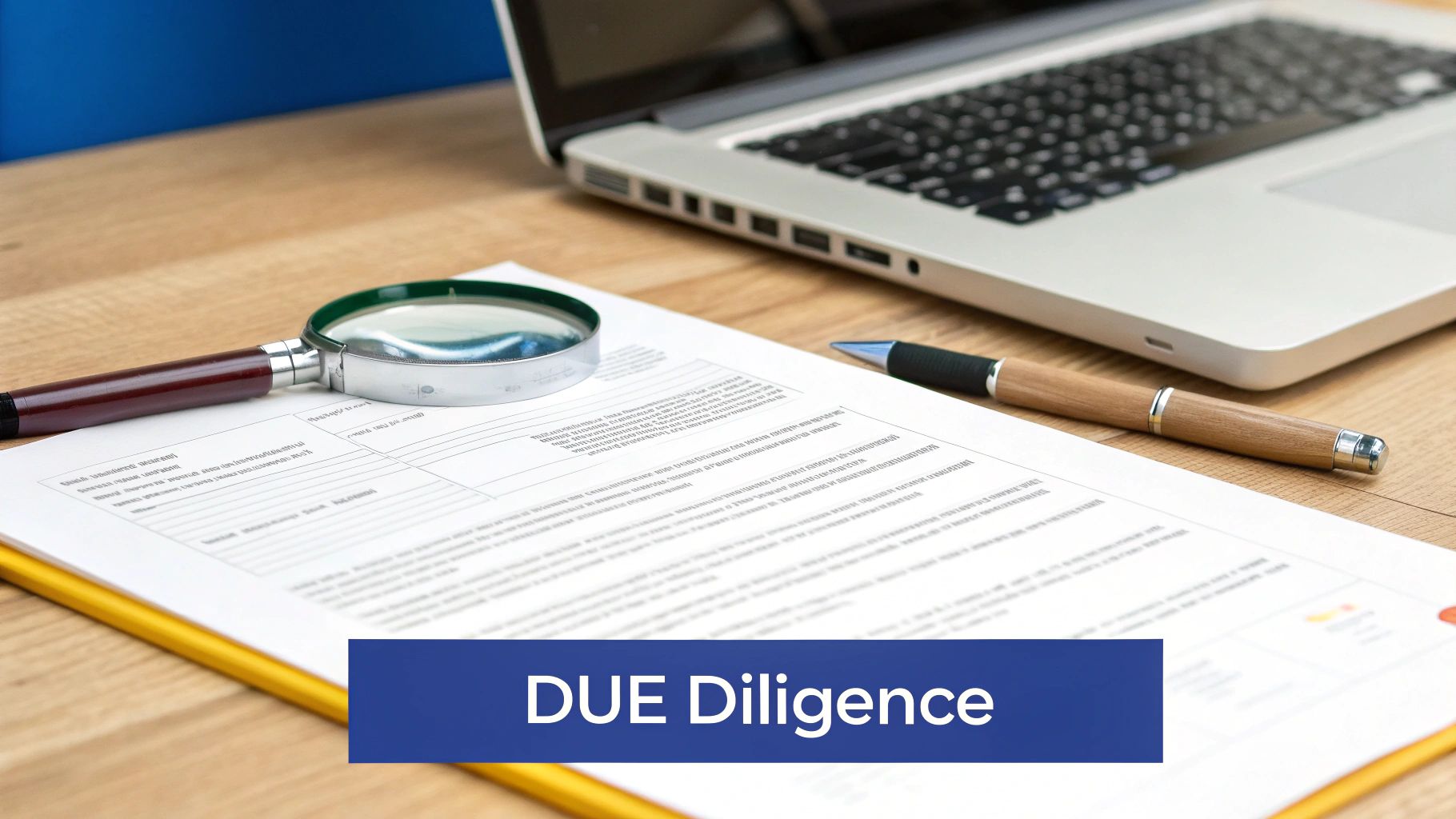 A magnifying glass hovering over official documents, symbolising the importance of due diligence.