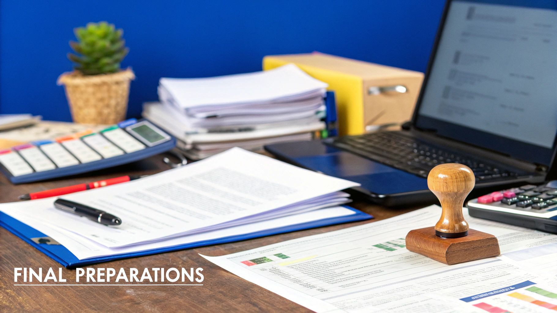 A desk with a laptop, calculator, and neatly organised documents, suggesting careful financial planning.
