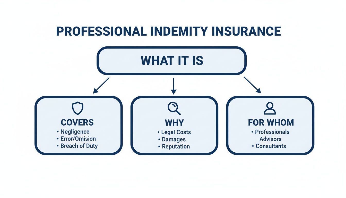 Flowchart detailing professional indemnity insurance: covers, why it's needed, and for whom.