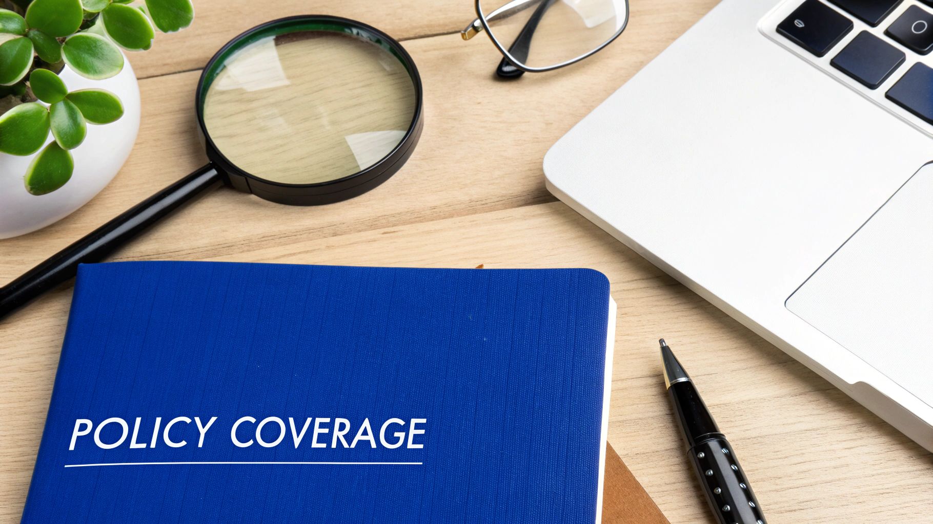 Overhead view of a desk with a 'POLICY COVERAGE' notebook, magnifying glass, laptop, and glasses.