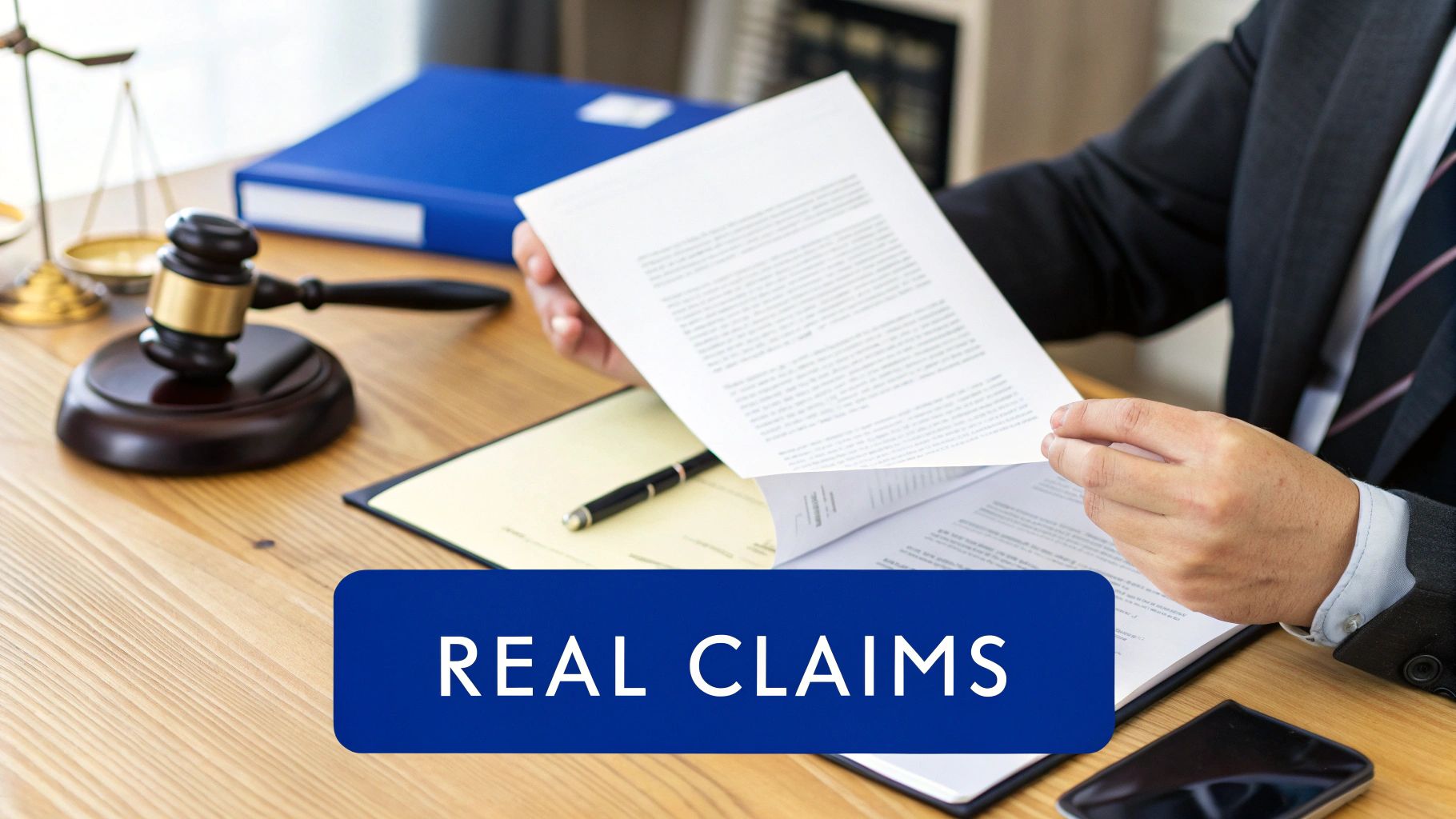A person reviewing legal documents at a desk with a gavel and scales of justice, featuring 'REAL CLAIMS' overlay.
