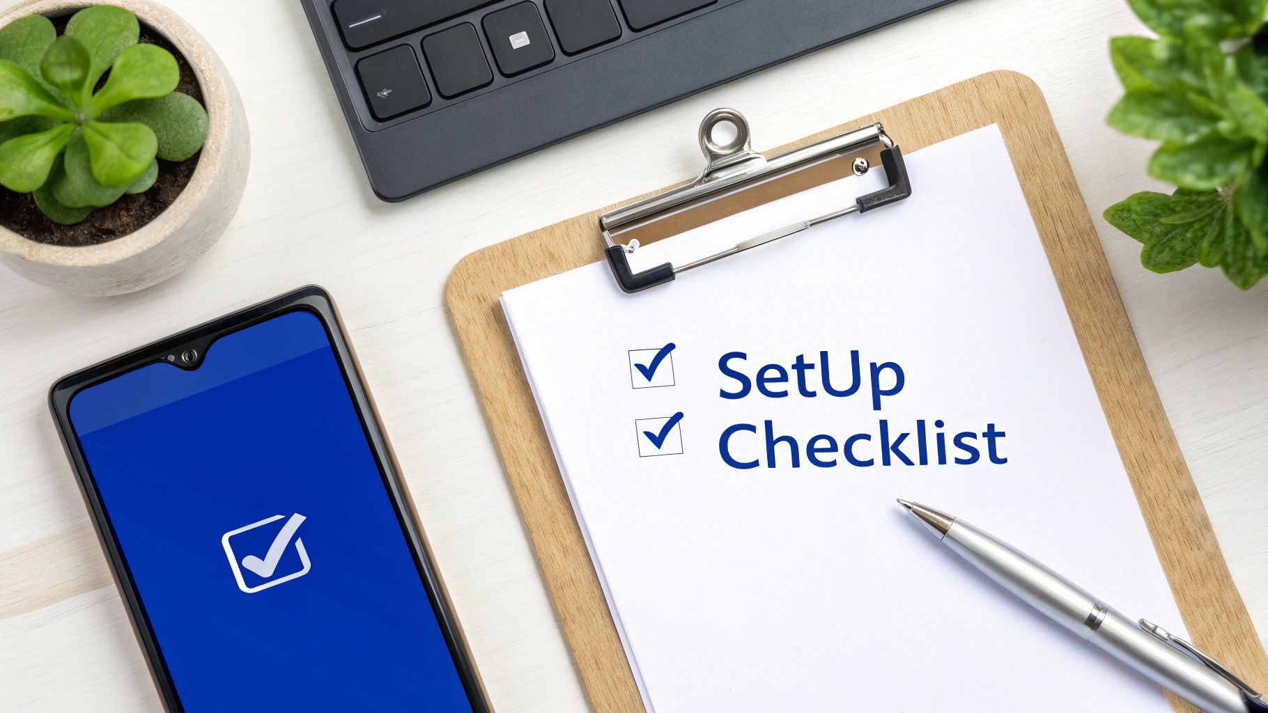 A checklist on a clipboard being ticked off, representing the setup process for a business address.