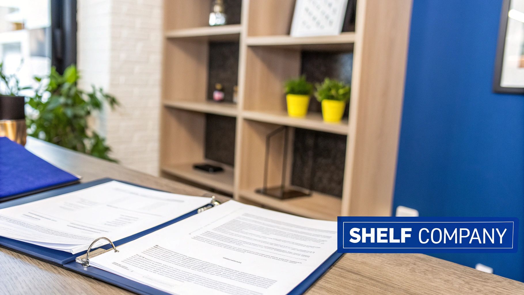 A business person selecting a company from a shelf, illustrating the concept of a shelf company