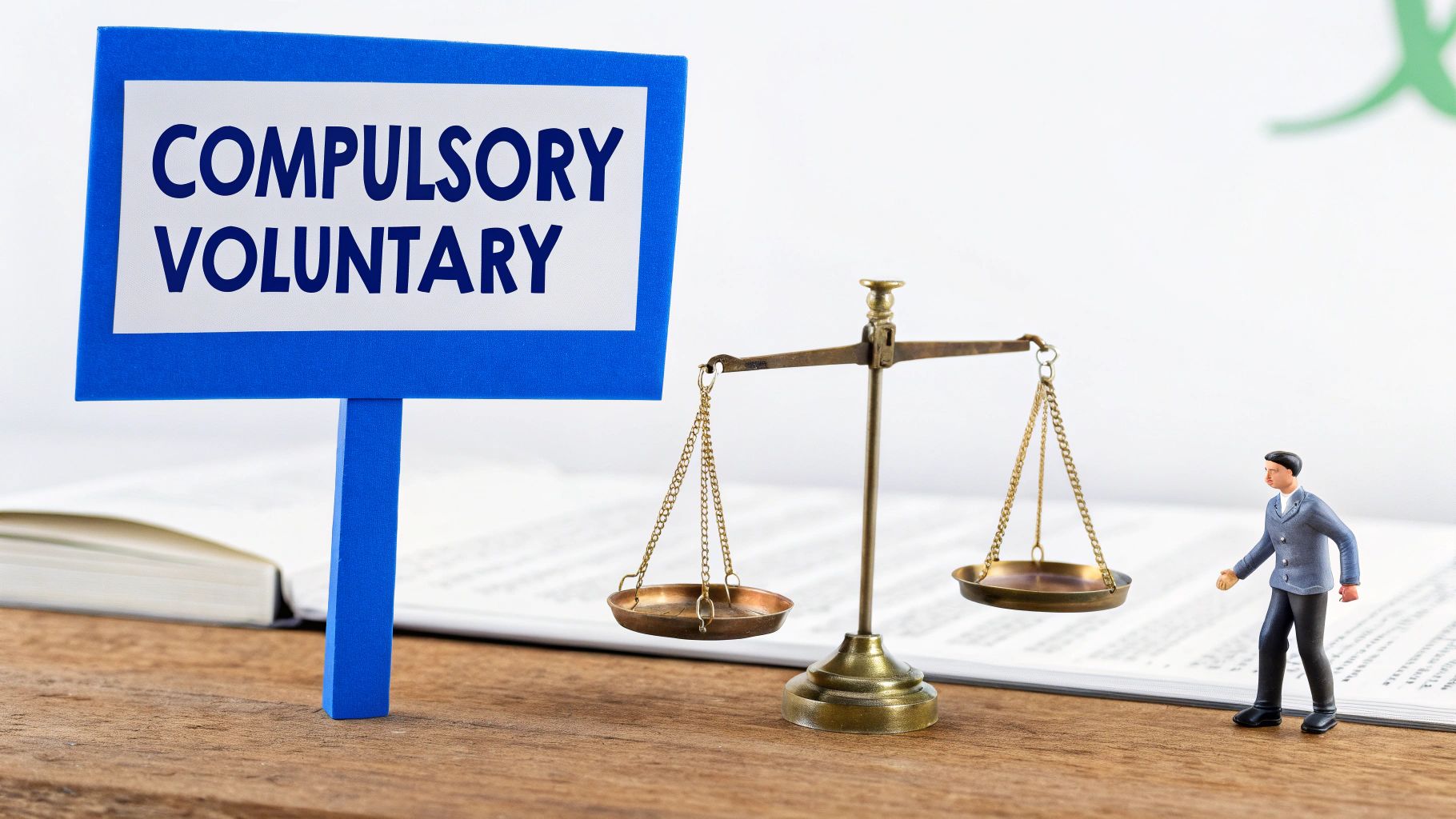 A split image showing a calculator and piggy bank on one side and a person signing a document on the other, representing the choice between compulsory and voluntary VAT registration.